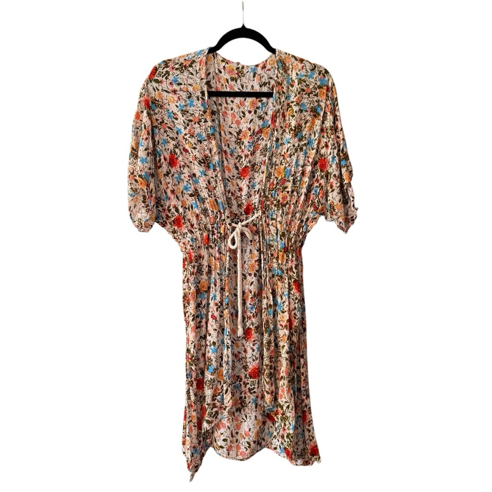 Floral Print Midi Coverup with Drawstring Waist‎